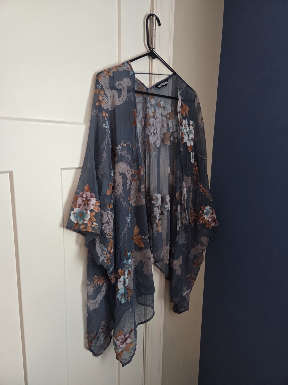 Sheer Floral Kimono Wrap in Slate Blue